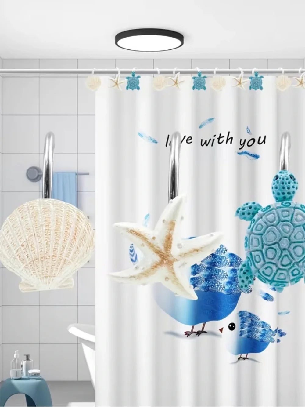 🆕 12 Piece Beach-Themed Shower Curtain Rings - Starfish, Turtle & Shell